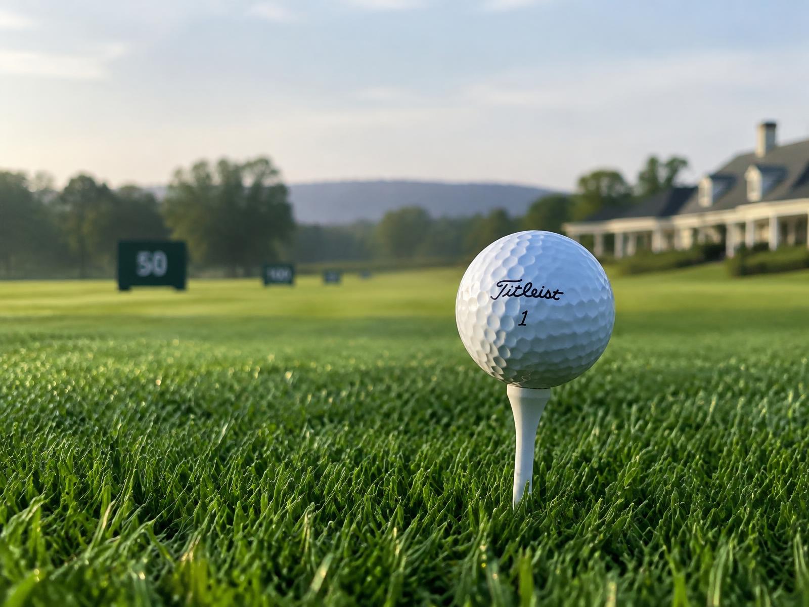 A golf ball on a tee at the practice range