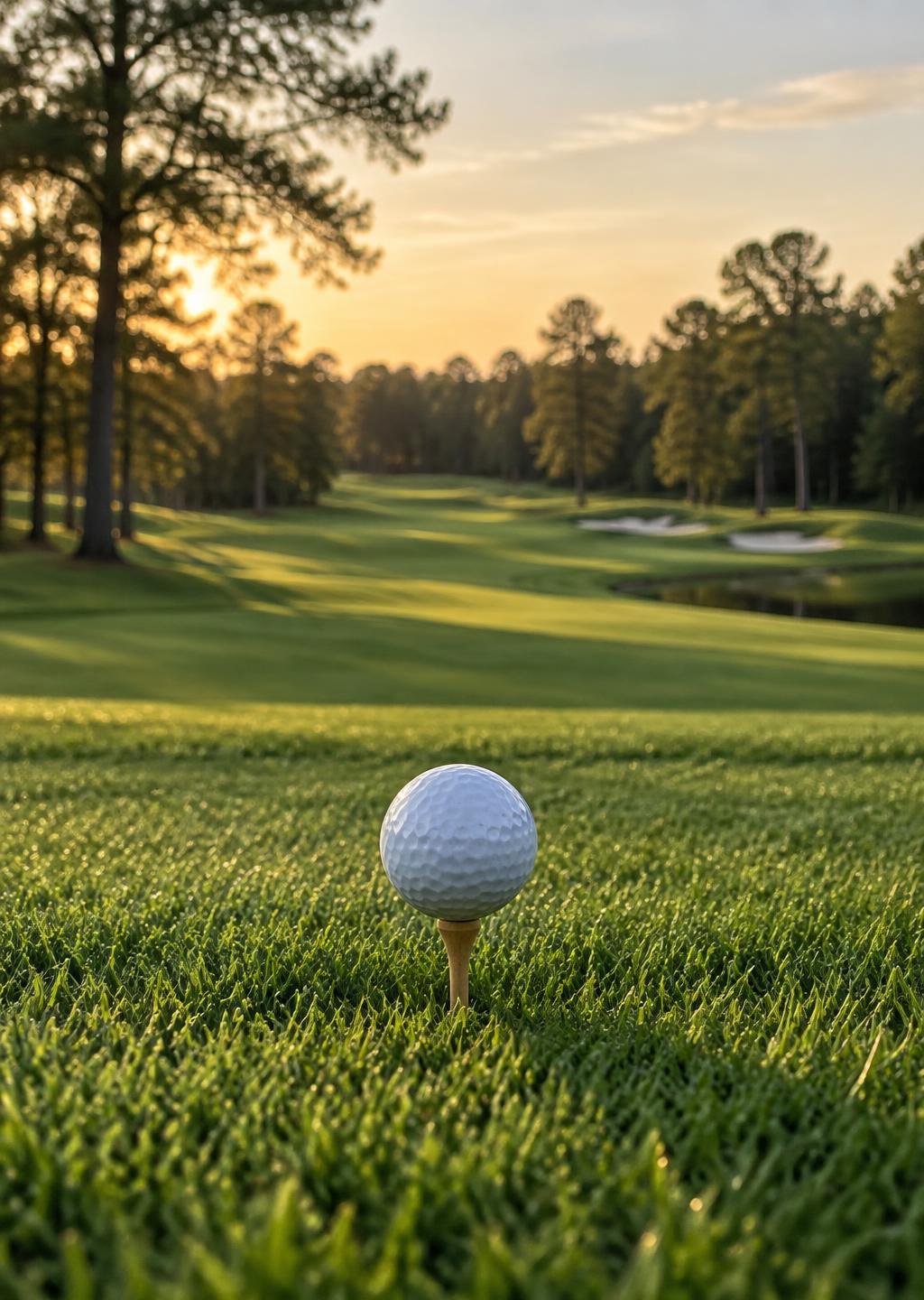 A golf ball on a tee at sunrise, with a tree-lined fairway in the background